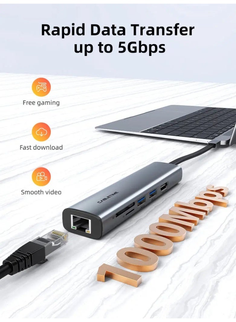 كابل تايم محول متعدد الاستخدامات 7 في 1: منفذ USB-C إلى منفذي USB 3.0 + منفذ HDMI يدعم دقة 4K بمعدل 60 هرتز + شحن سريع بقدرة 100 واط + منفذ بطاقة SD/TF 3.0 - Image 3